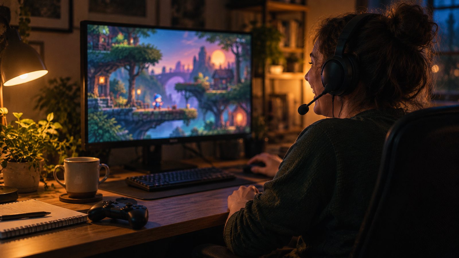A player in a headset laughs while playing a colorful indie platformer at a desk lit by a lamp.