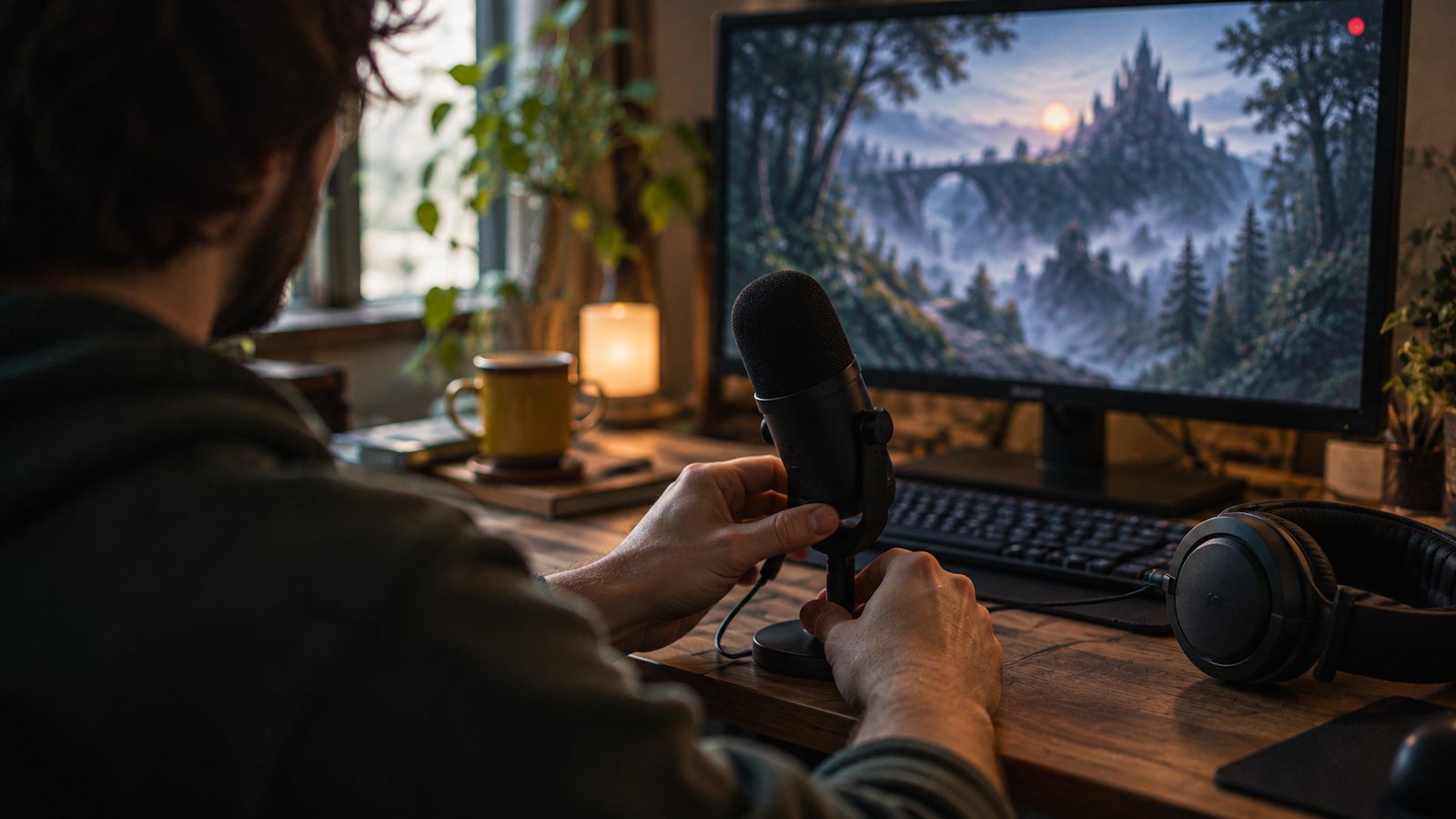 A player sets up a desk microphone next to the keyboard, with a game on the monitor and a recording light on.