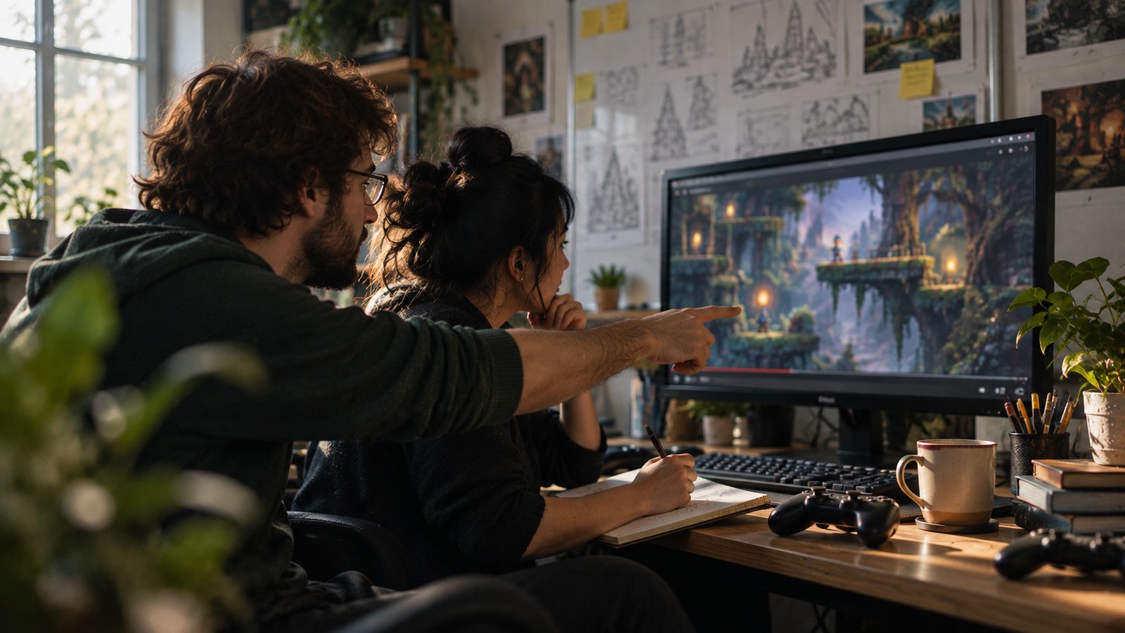 Two developers watch a player's recording of their game; one points at the screen, the other takes notes.